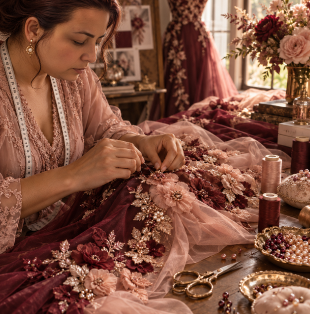 Yurley, diseñadora de Hadas de Seda, cosiendo a mano flores y pedrería sobre un vestido artesanal