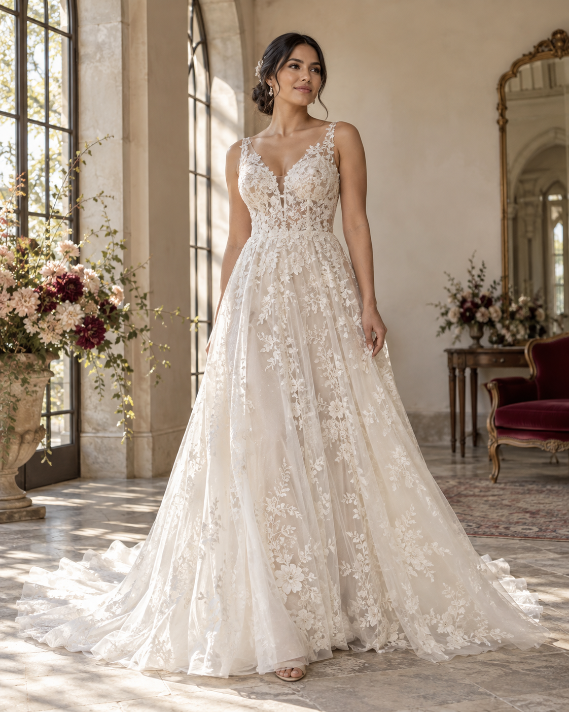 Novia con vestido artesanal de encaje marfil