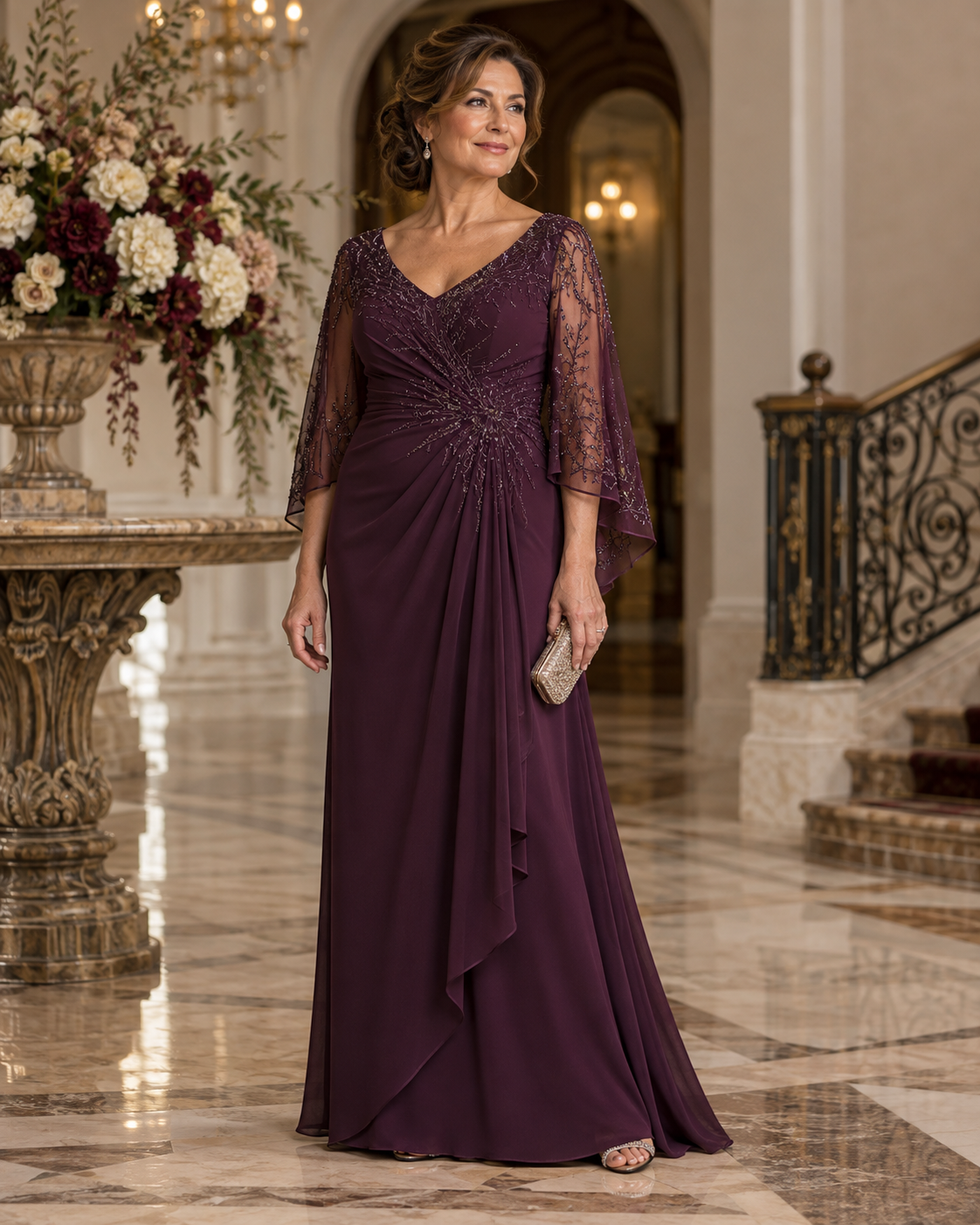 Madre de la novia con vestido formal artesanal color ciruela