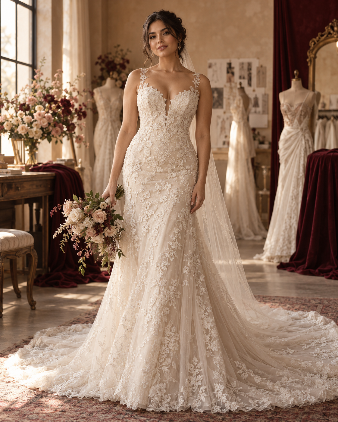 Novia con vestido artesanal de encaje color marfil