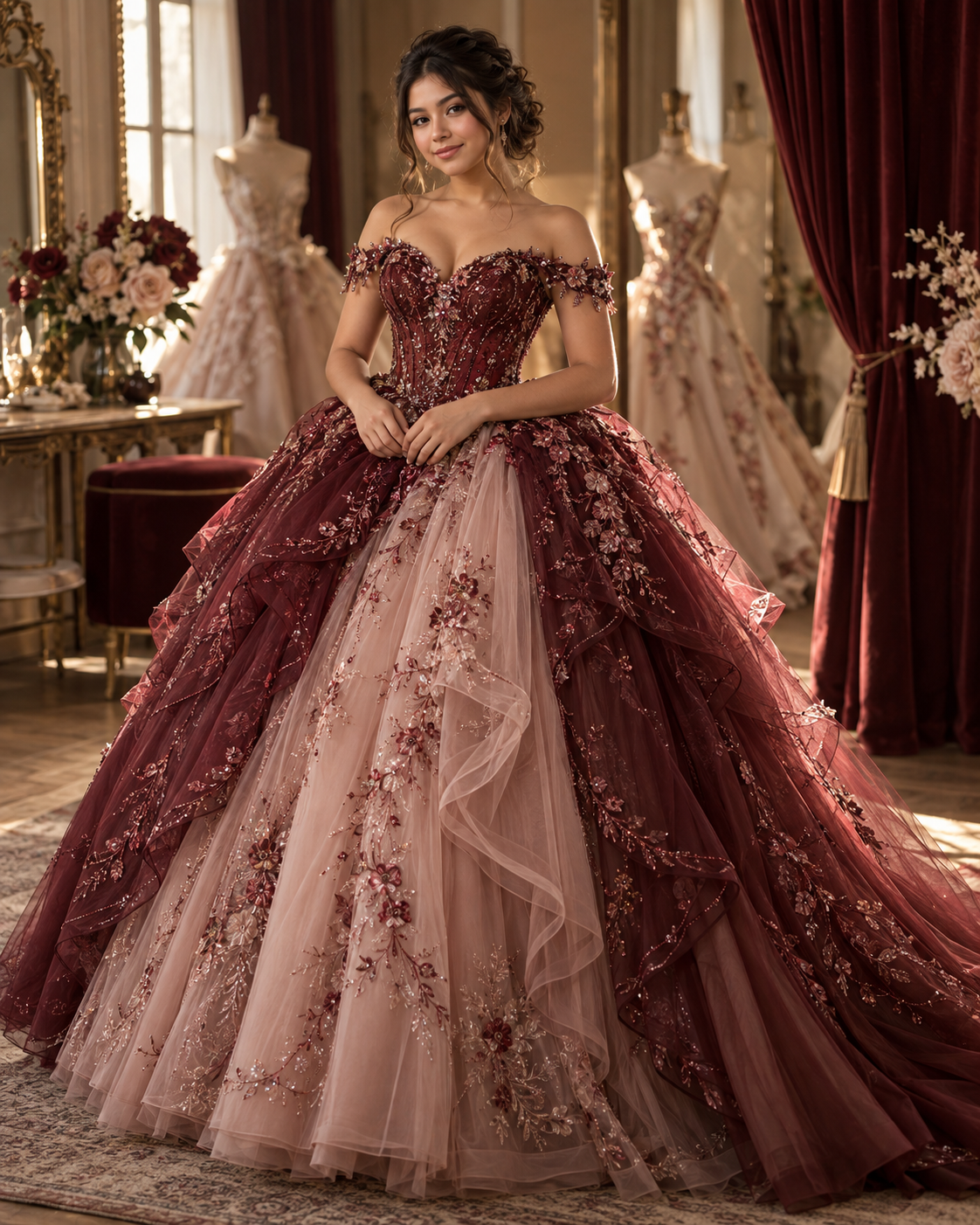 Quinceañera con vestido artesanal color borgoña y rosa