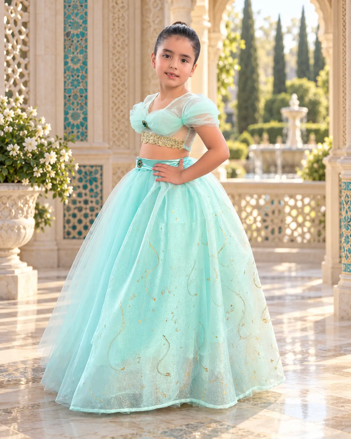 Vestido artesanal aguamarina de dos piezas con detalles dorados