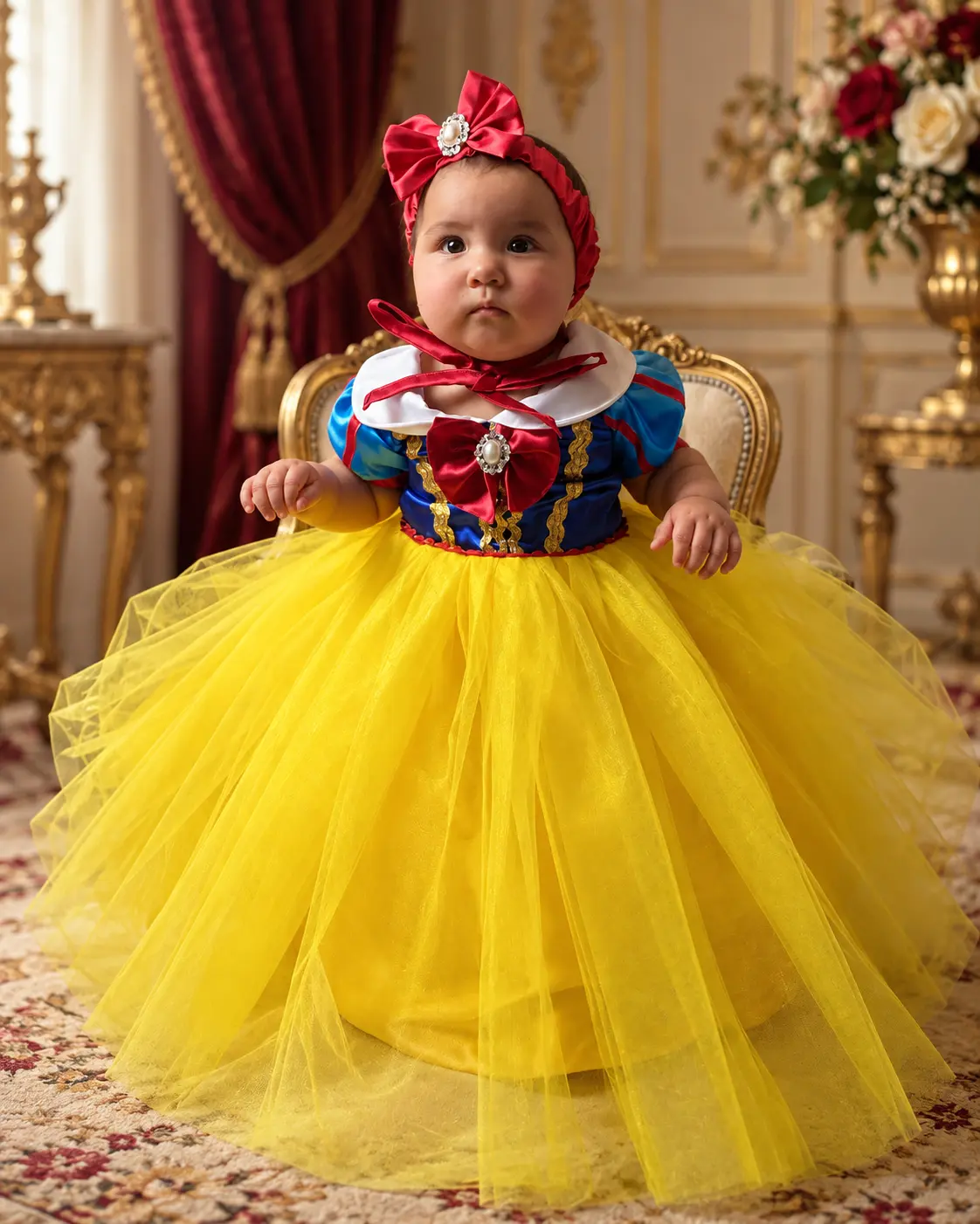 Vestido artesanal infantil azul, rojo y amarillo inspirado en un cuento clásico
