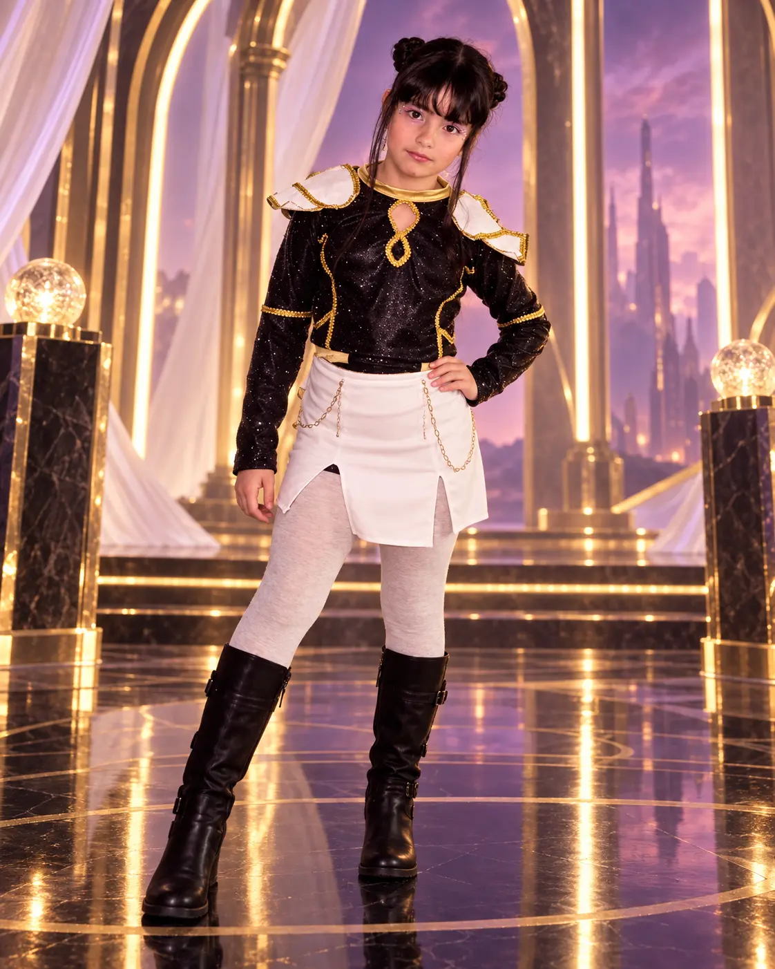 Conjunto artesanal negro, blanco y dorado de fantasía pop