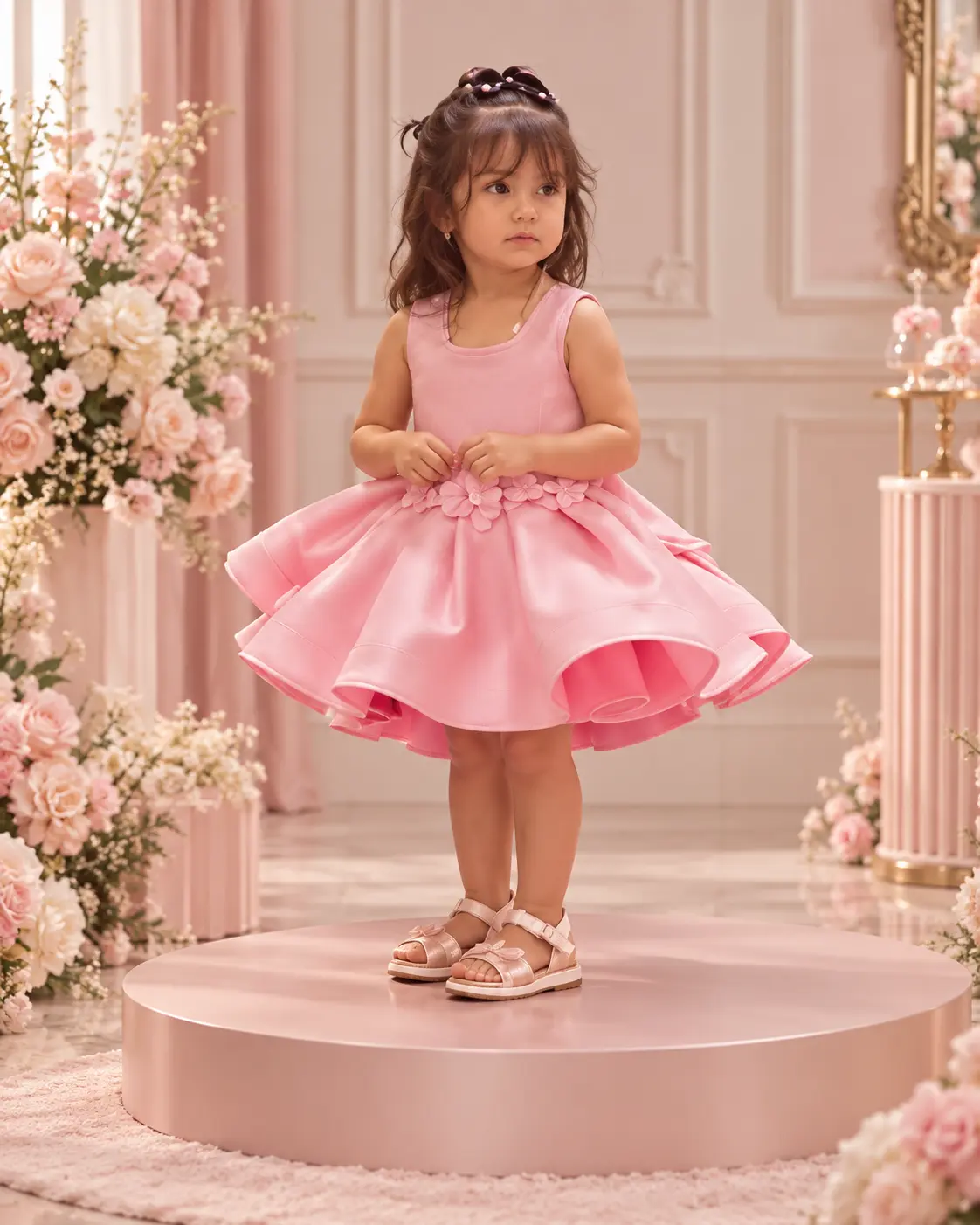 Vestido rosa infantil con falda de capas
