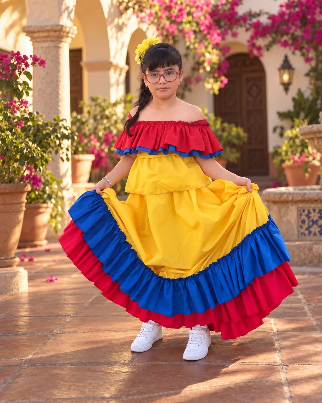 Vestido artesanal folclórico amarillo, azul y rojo