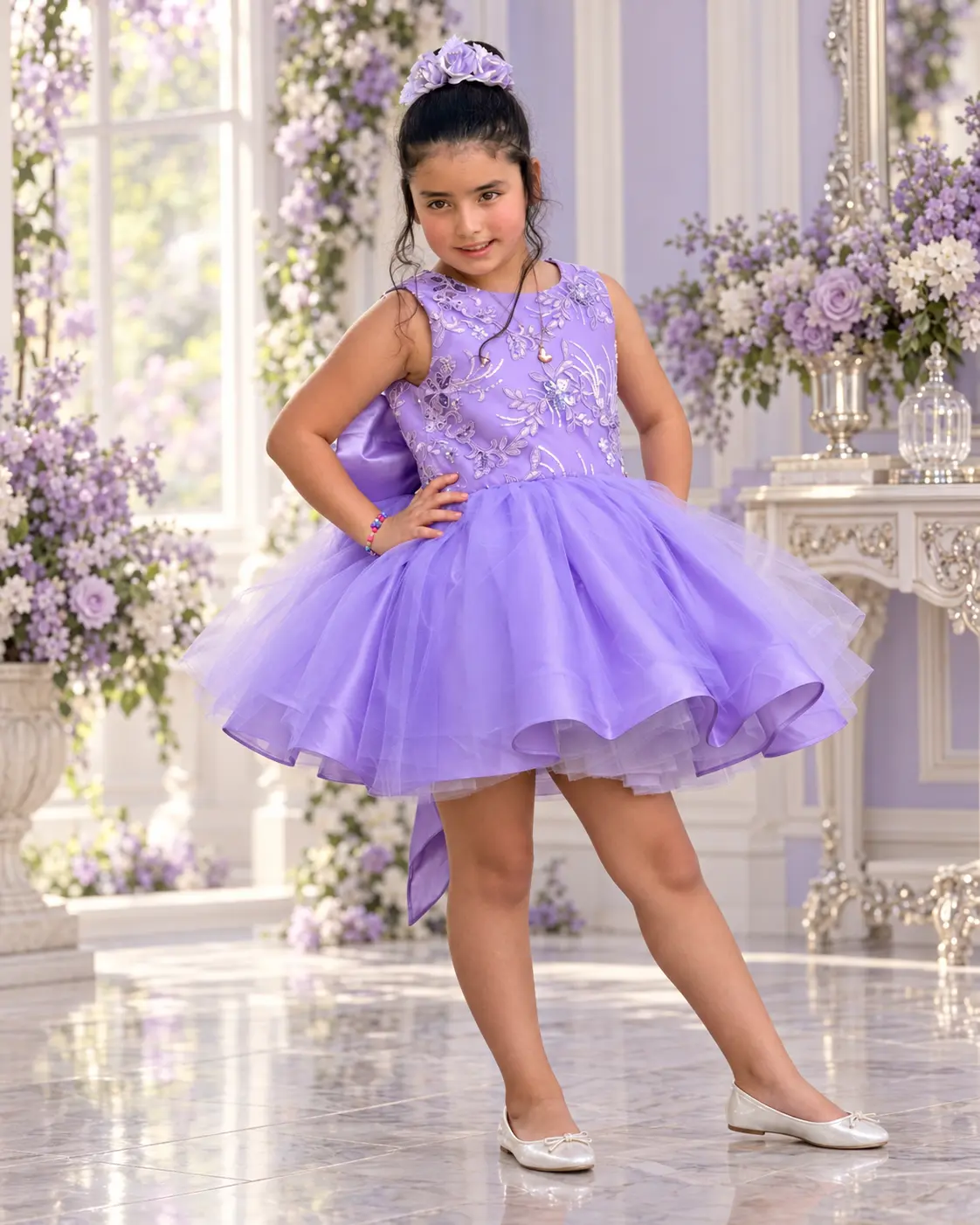 Vestido corto lavanda con bordado floral y tul