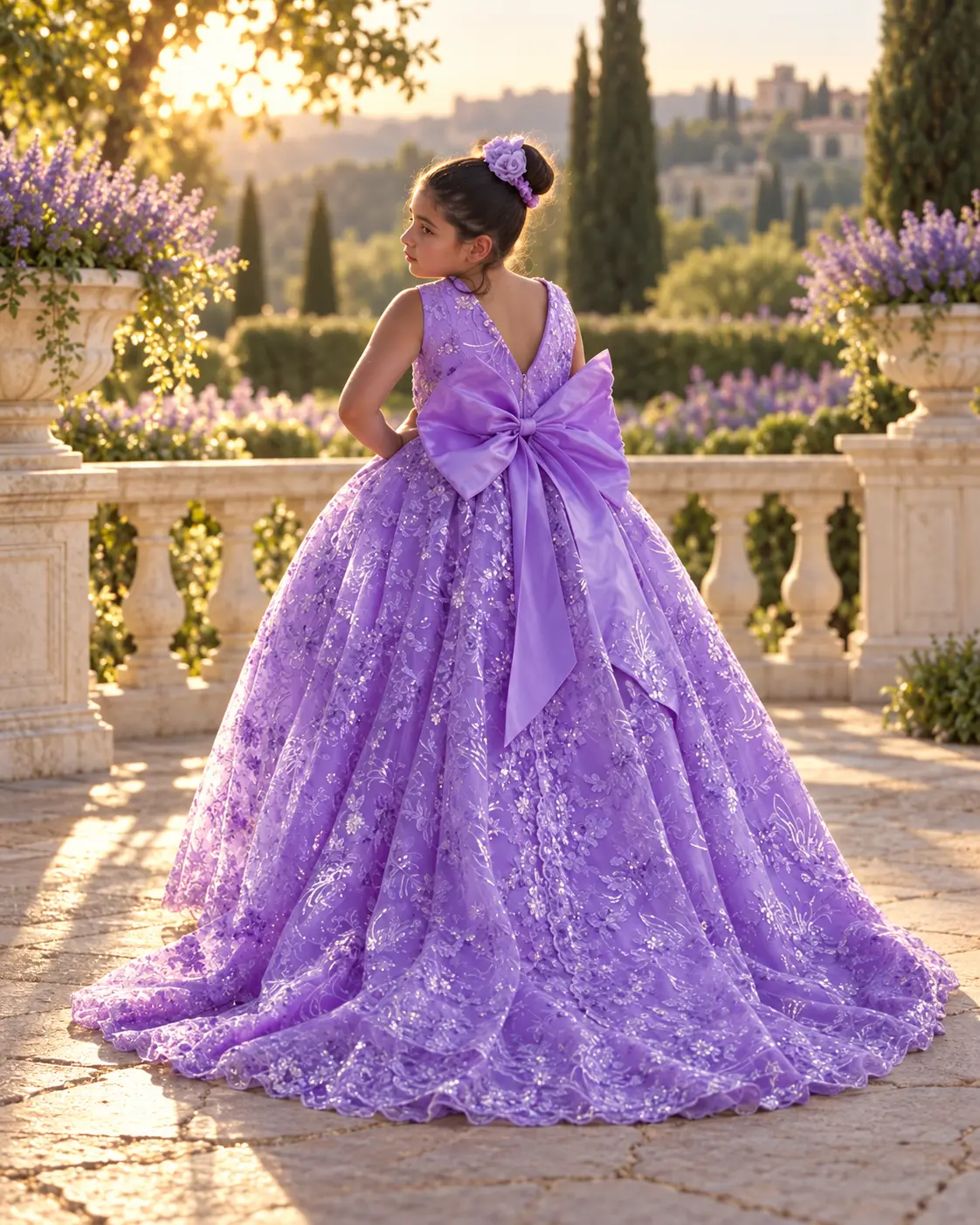 Vestido lavanda bordado con gran moño posterior