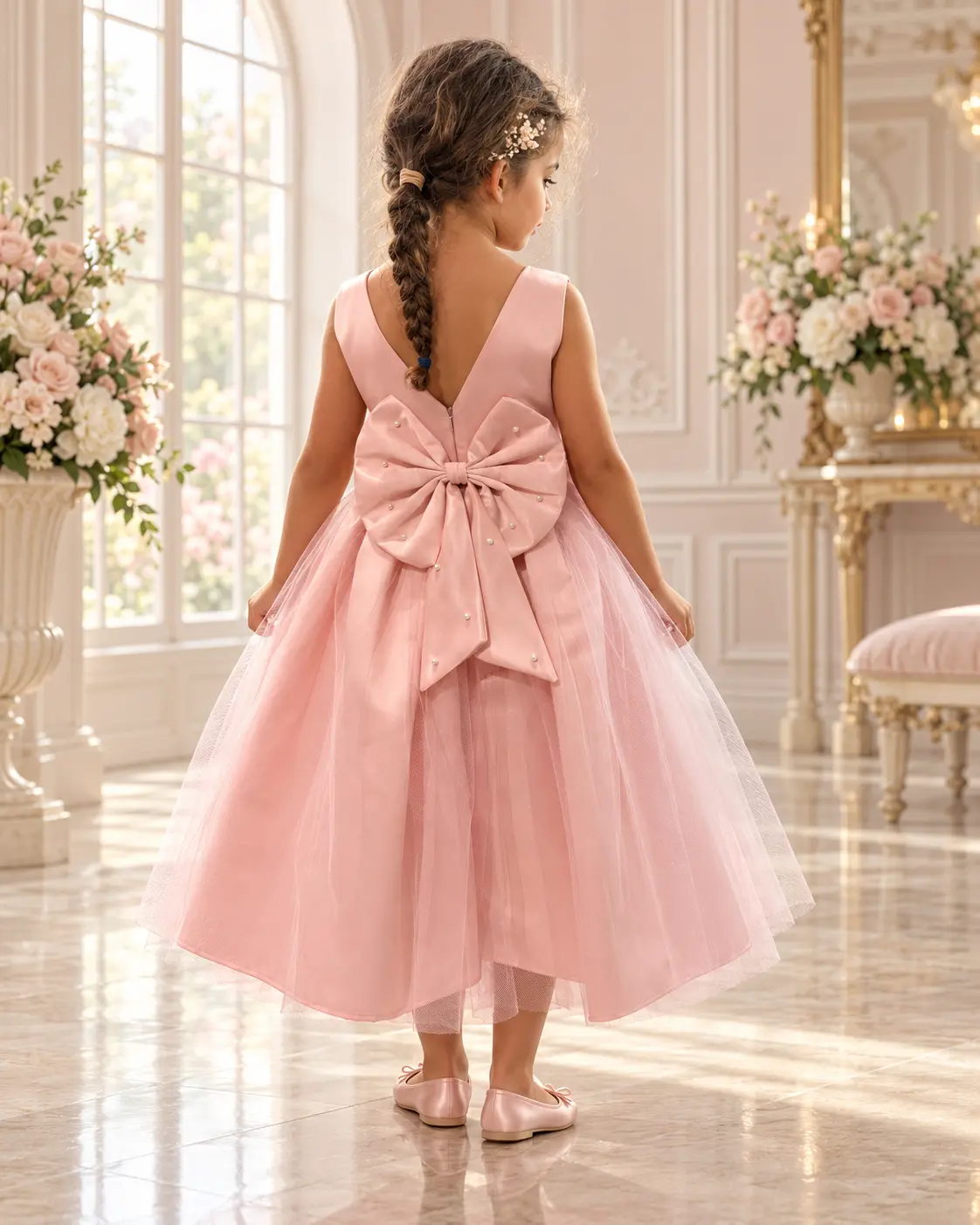 Vestido rosa con gran moño y perlas en la espalda