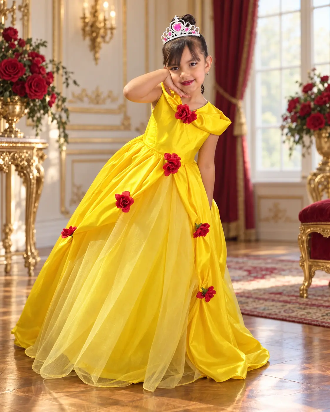 Vestido amarillo de princesa con flores rojas