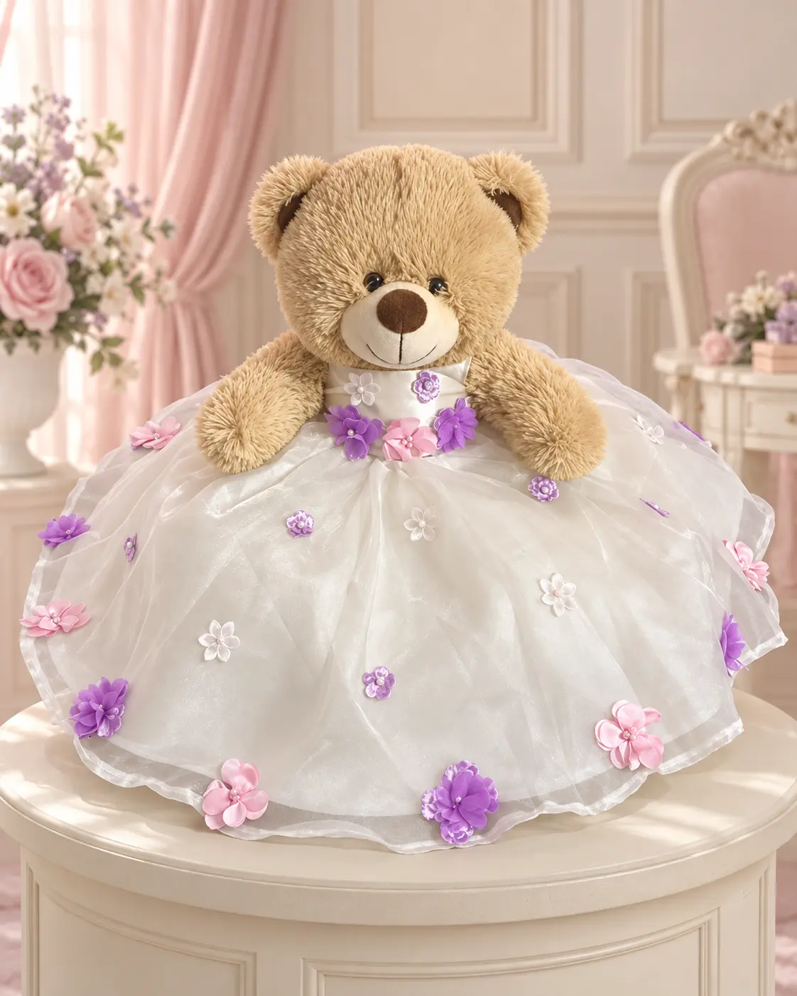 Vestido blanco infantil con flores rosas y lilas presentado en un oso
