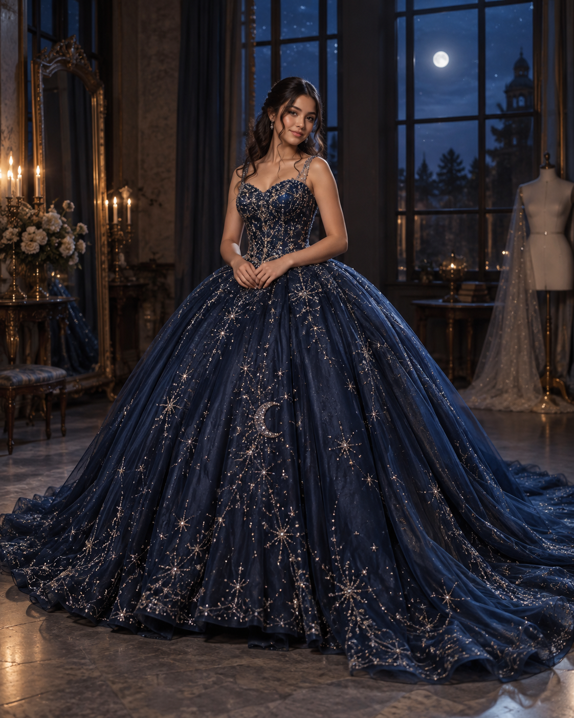 Vestido artesanal de quinceañera azul noche con detalles celestiales