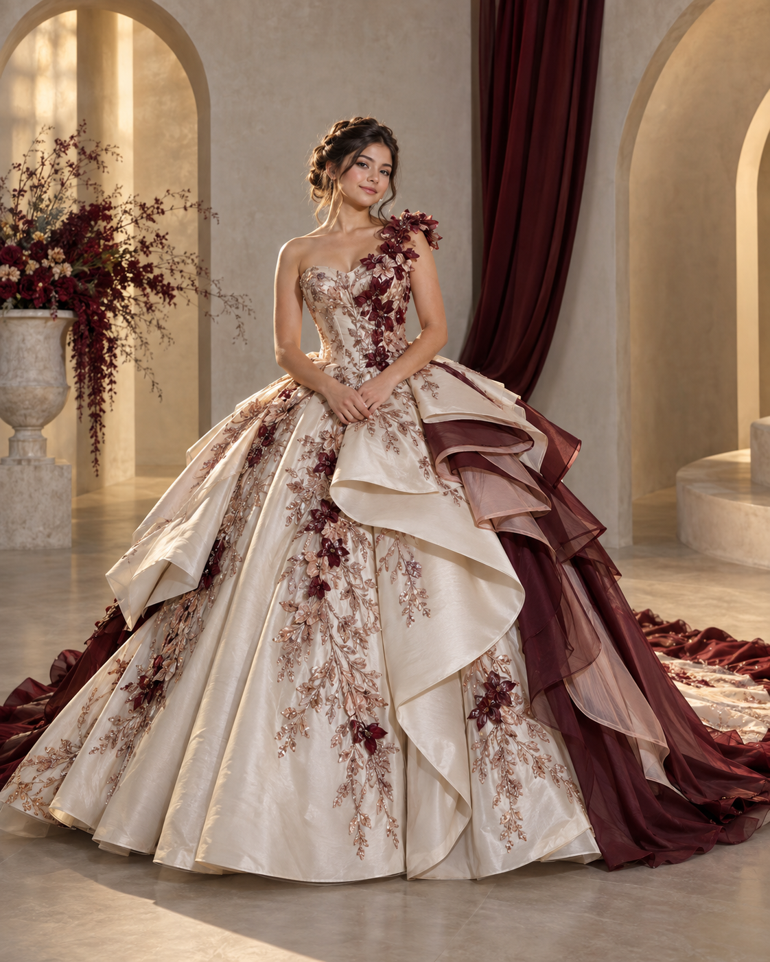 Vestido moderno artesanal de quinceañera en marfil rosa y borgoña