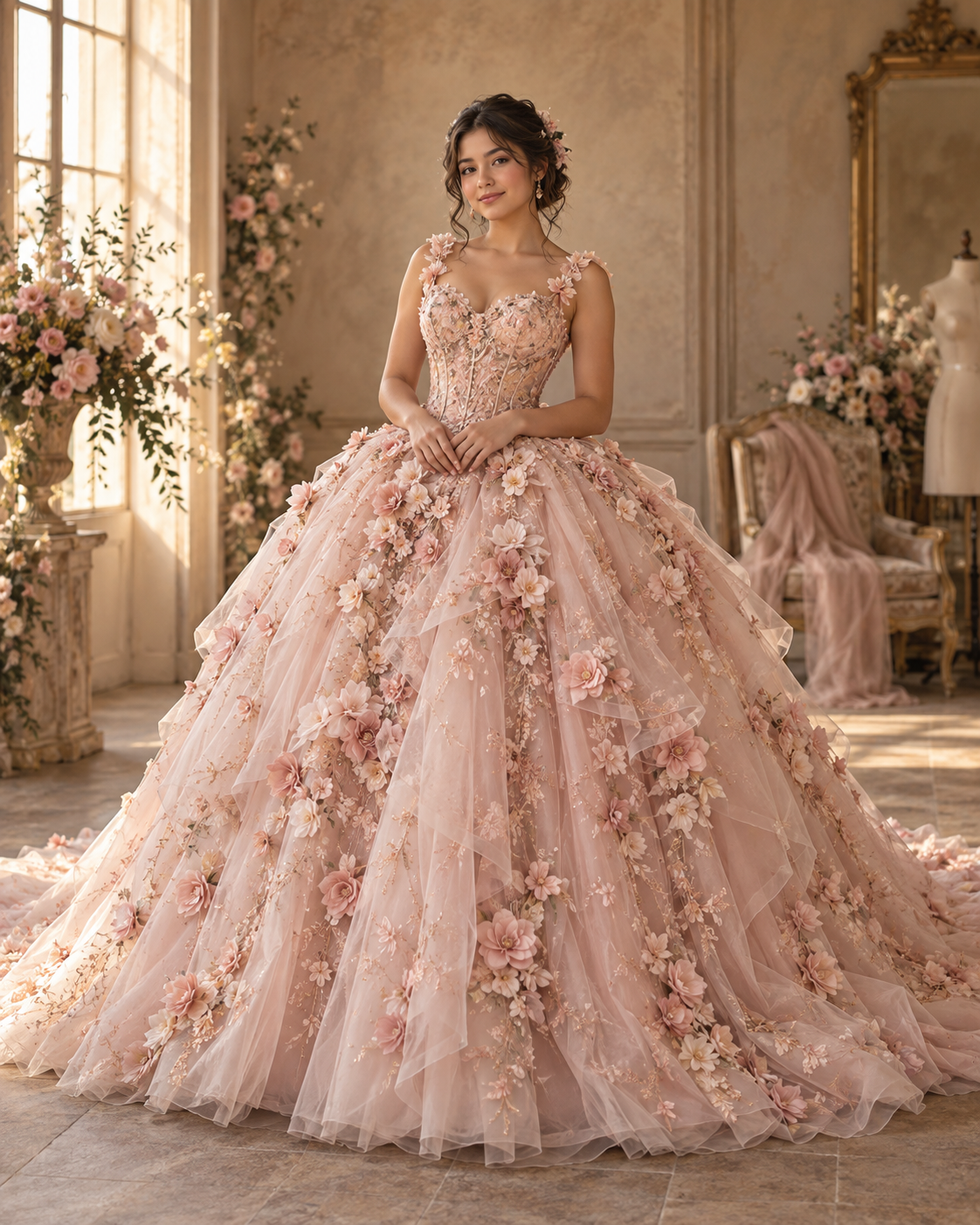 Vestido artesanal de quinceañera romántico floral
