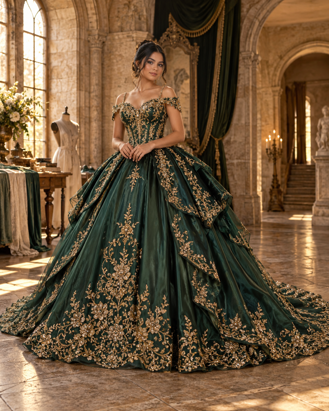 Vestido artesanal de quinceañera verde esmeralda y dorado
